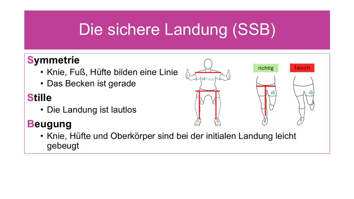 Aufwärmen mit Wirkung – diese Bausteine fördern Leistung und beugen Verletzungen vor  Aufwärmen steigert nachweislich die Leistung und ist eine einfache Maßnahme zur Vermeidung von Sportverletzungen. Besonders bei bewegungsintensiven Sportarten oder vor Wettkämpfen schützt eine gezielte Vorbereitung den Körper vor Überlastungen und Verletzungen. Damit das Aufwärmen diese Wirkungen entfalten kann, sollten folgende Aspekte berücksichtigt werden:  Langsame Steigerung der Intensität: Belastung schrittweise erhöhen, um die Muskulatur sanft auf die anstehenden Belastungen vorzubereiten. Integration von dynamischen Mobilisationsübungen: Bewegungen wie Bein- oder Armkreisen sowie Übungen zur Bewegungssteigerung der Wirbelsäule (z. B. Katze-Kuh-Übung) zählen zu den dynamischen Mobilisationsübungen. Sie verbessern die Flexibilität und sind dem statischen Dehnen gegenüber überlegen. Kräftigung von Muskeln und Sehnen: Kräftigung für Bein- und Rumpfmuskulatur (z. B. Kniebeugen oder Unterarmstütz) stärken Sehnen und Muskeln und verringern so das Verletzungsrisiko für Muskelzerrungen oder Sehnenreizungen. Ein möglicher Ablauf für sicheres und wirksames Aufwärmen  Zumeist empfiehlt es sich, das Aufwärmen mit Lauf-, Mobilisations-, Stabilisations- und Kräftigungsübungen sowie koordinativen Elementen zu füllen. Besonders bei Ballsportarten sollten im koordinativen Part auf Sprung- und Landeübungen eingegangen werden, da vor allem unsauberes Landen und abrupte Richtungswechsel zu den häufigsten Verletzungsursachen zählen. Im Folgenden werden die einzelnen Phasen strukturiert und beispielhafte Übungen genannt.  ACHTUNG vorab: Hinweis auf zwei Grundpositionen  Vor dem Aufwärmen sollen die Sportlerinnen und Sportler zu Beginn der Kräftigungs- und Sprungübungen auf die athletische Körperposition hingewiesen werden, um Rumpf- und Beinmuskulatur zu aktivieren und die Körperspannung zu steigern. Bei Sprungübungen ist auf die sichere Landung zu achten.